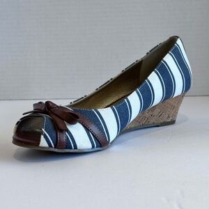 Kelly & Katie Women's Open Toe Low Wedge Cork Heel Blue White Stripe Fabric Shoe